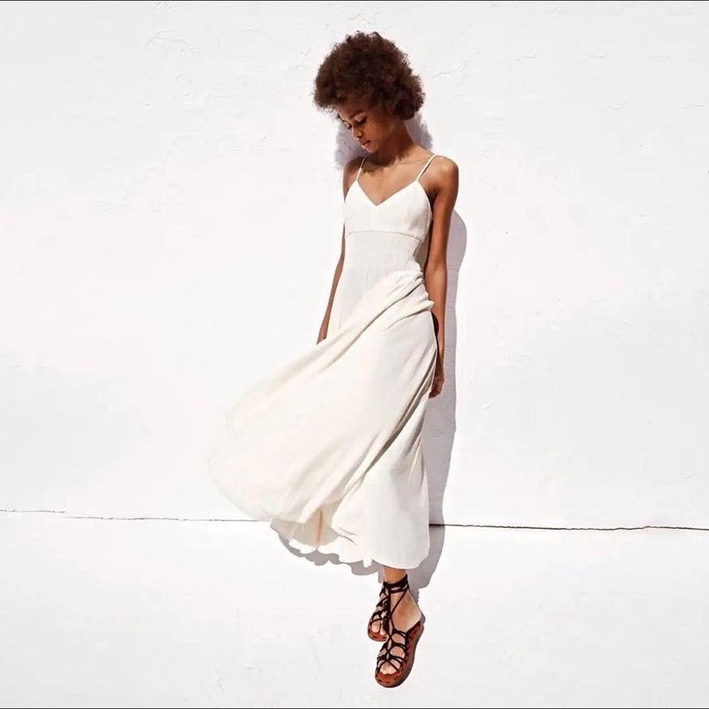 Zara Elegant White / Cream Linen Blend Midi Dress Size S - Picture 2 of 8